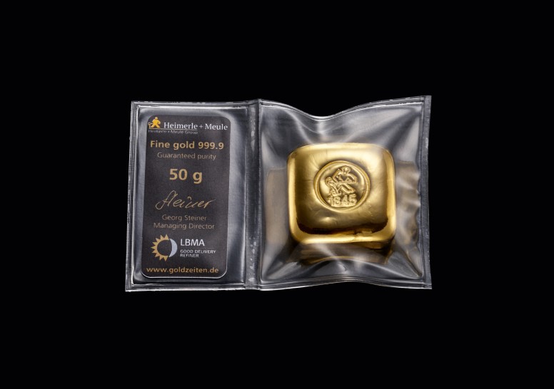 Goldbarren 50 g. gegossen H+M